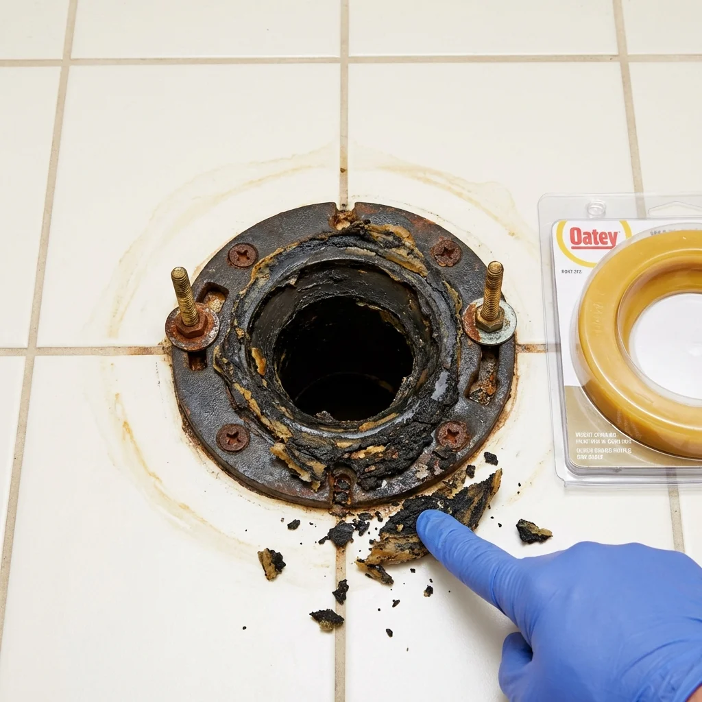 Failed wax ring showing water seepage at the base of a toilet in a Graham, TX home